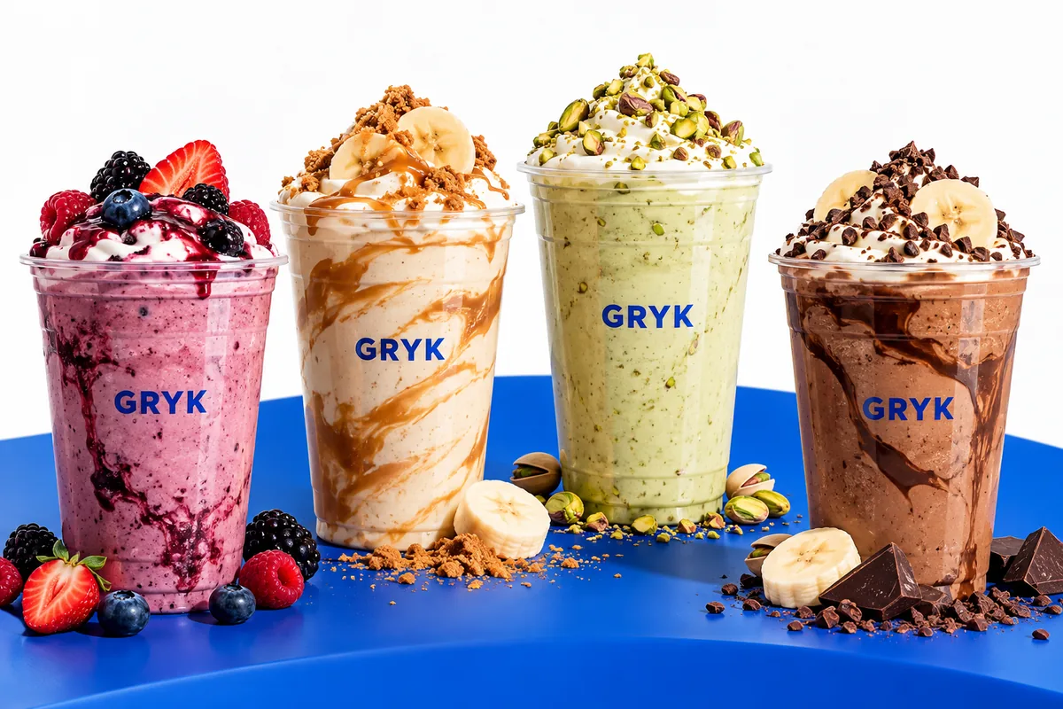 Cuatro shakes GRYK de frutos rojos, banana y dulce de leche, pistacho y chocolate