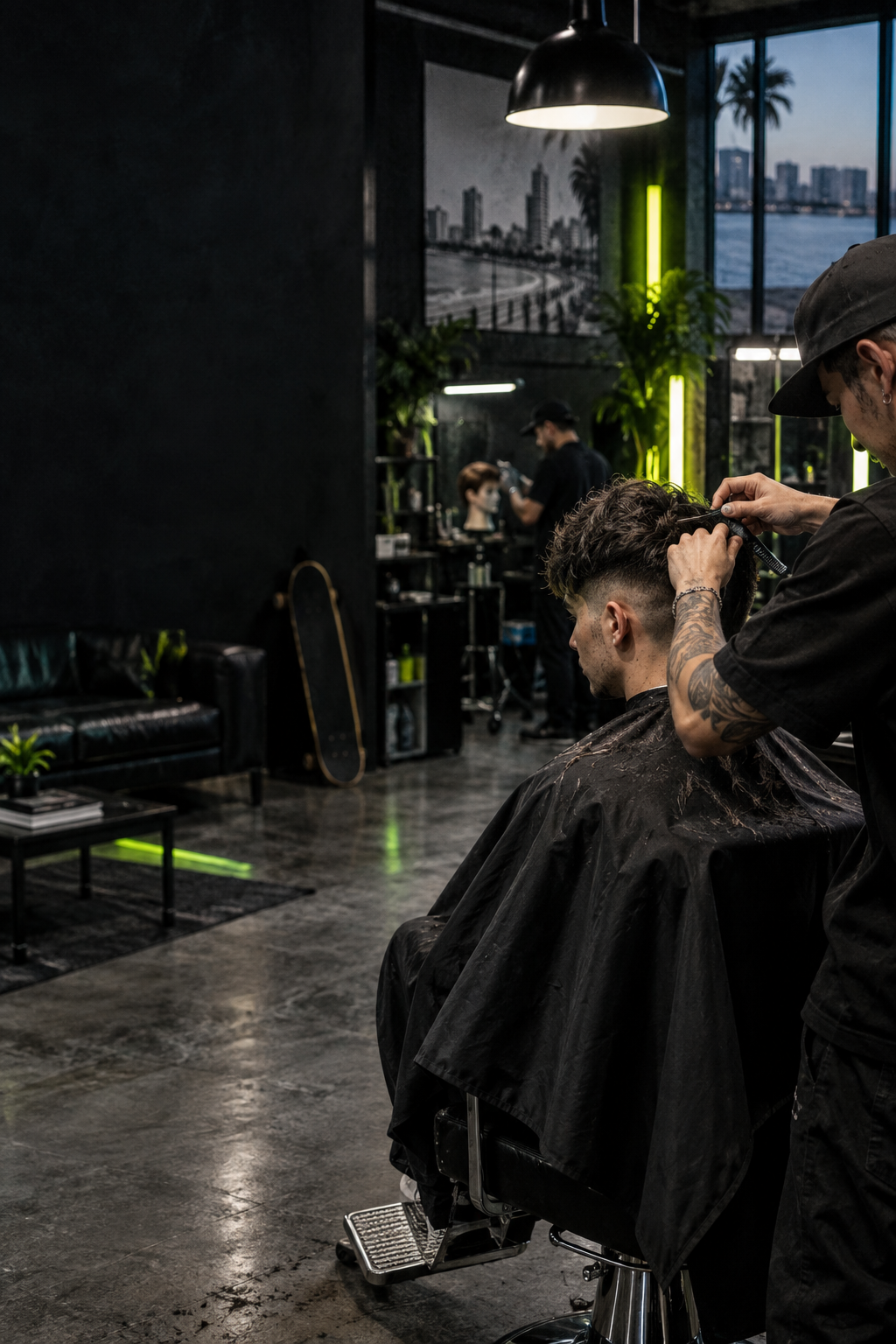 Imagen conceptual generada de un estudio de barbería contemporáneo