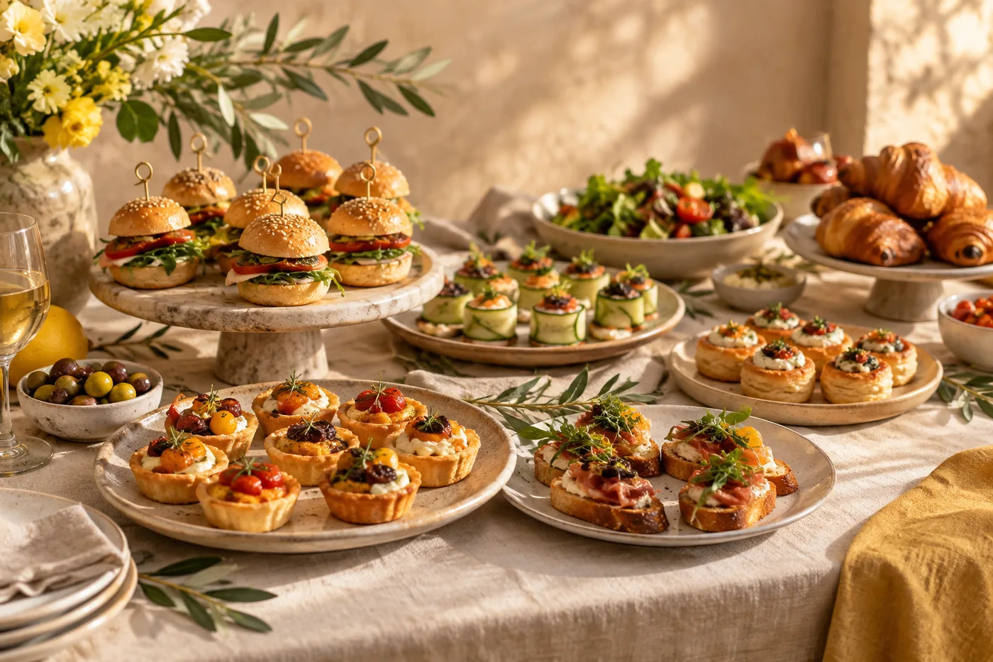 Mesa de lunch ilustrativa con bocados salados para un evento