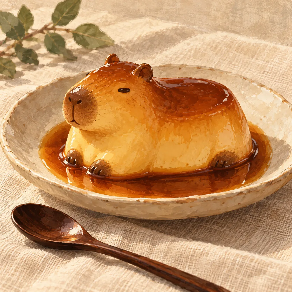 Ilustración editorial de un flan con forma de carpincho